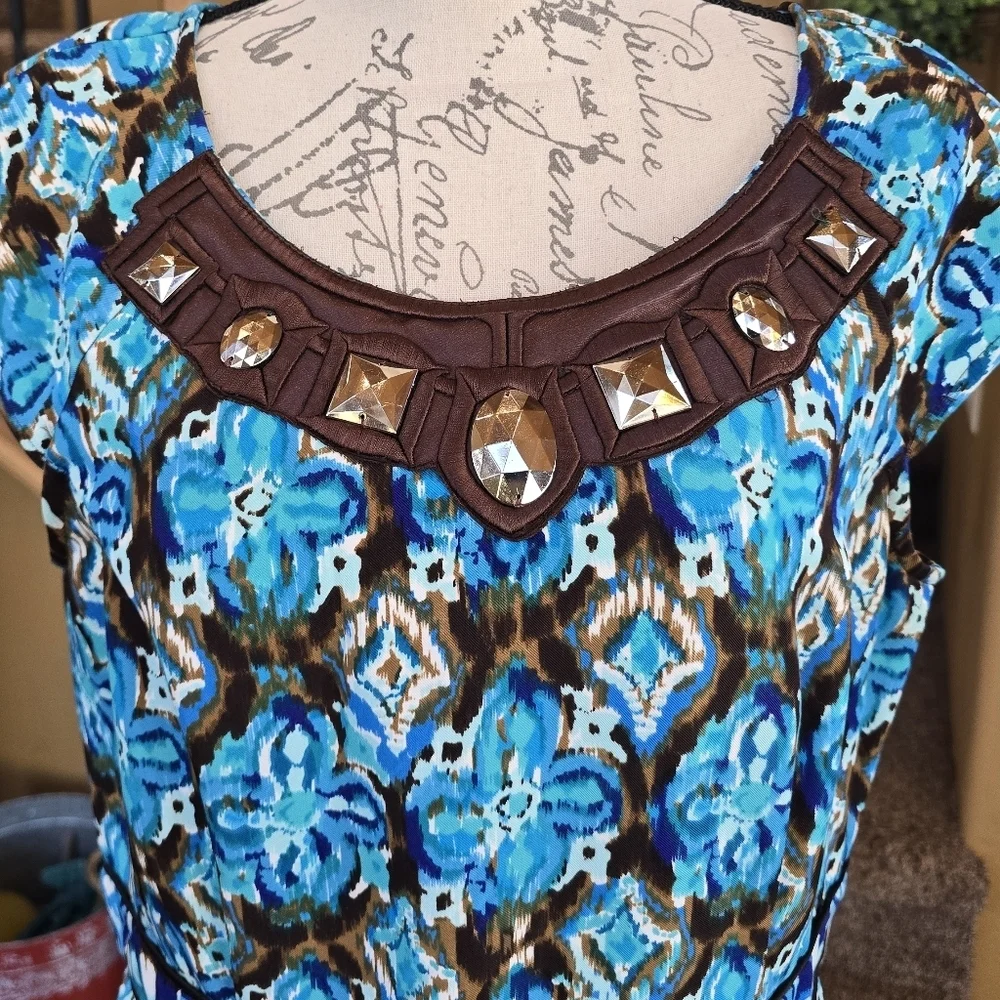 Sangria Turquoise Brown Floral Tribal Print Short Cap Sleeve Dress 12